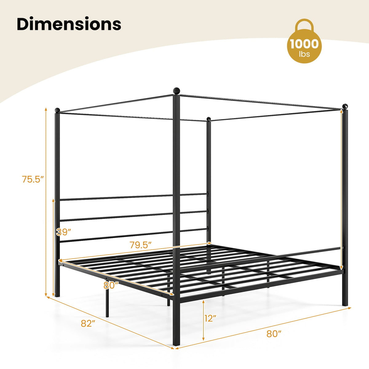 Twin/Full/Queen Size Metal Canopy Bed Frame with Slat Support-Simple Bed Frame-DECOROLALA