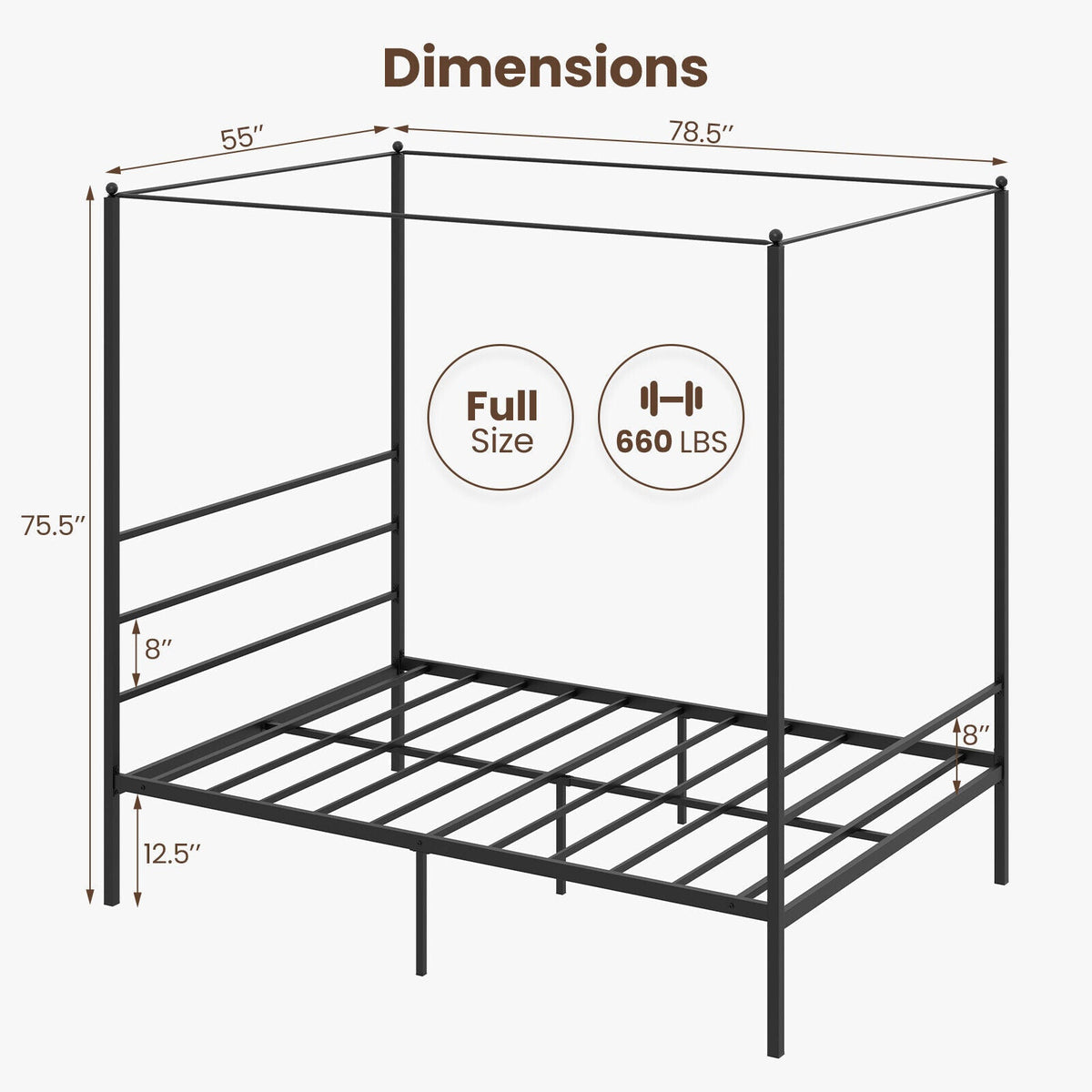 Twin/Full/Queen Size Metal Canopy Bed Frame with Slat Support-Simple Bed Frame-DECOROLALA