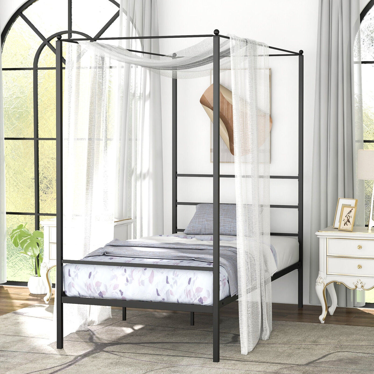 Twin/Full/Queen Size Metal Canopy Bed Frame with Slat Support-Simple Bed Frame-DECOROLALA