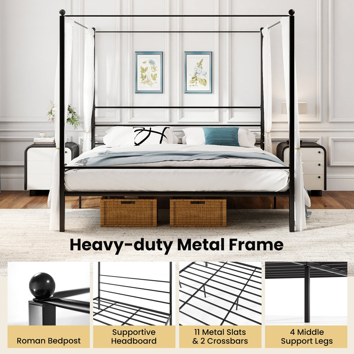 Twin/Full/Queen Size Metal Canopy Bed Frame with Slat Support-Simple Bed Frame-DECOROLALA