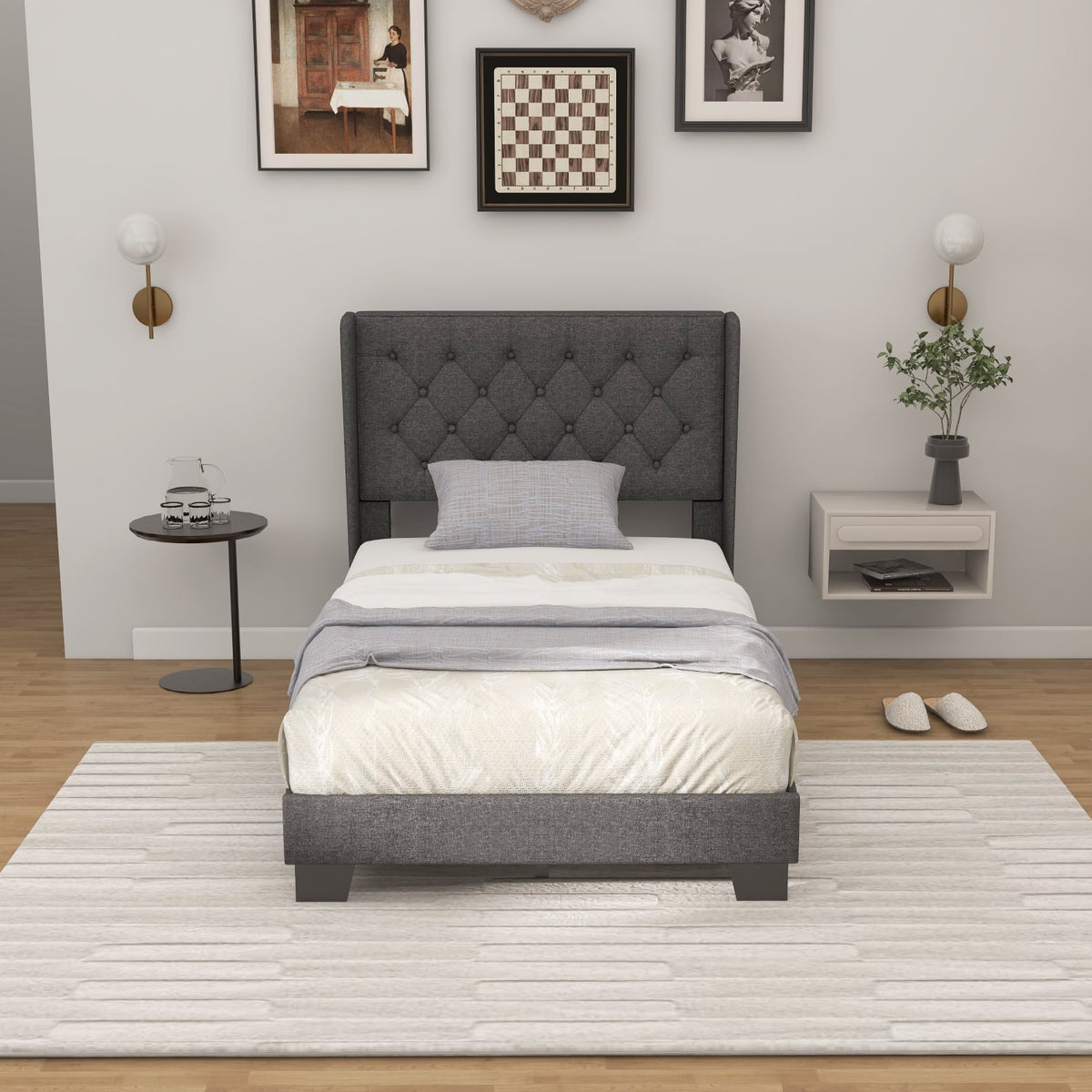 Twin/Full/Queen Size Upholstered Platform Bed with Button Tufted Headboard-Twin Size-Simple Bed Frame-DECOROLALA
