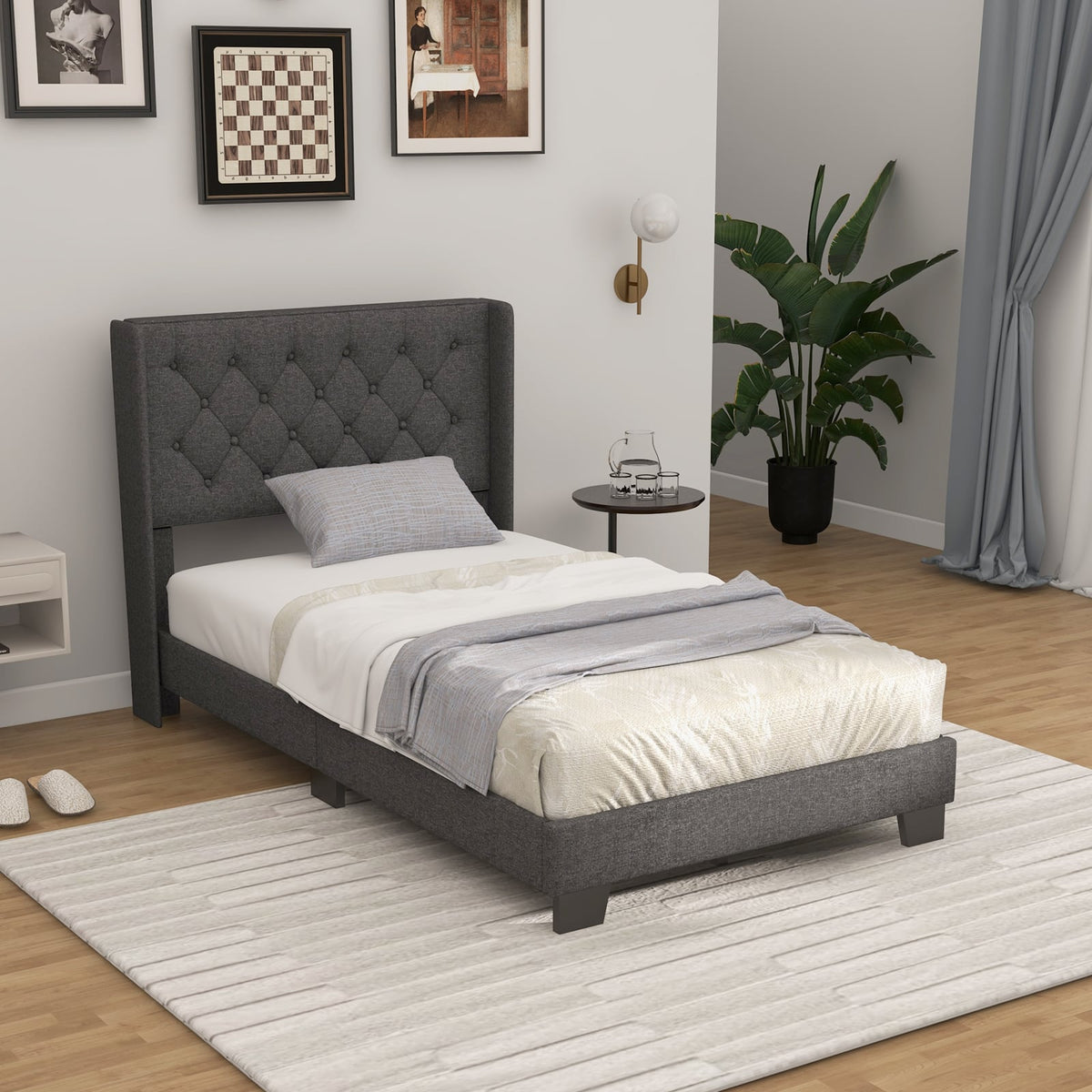 Twin/Full/Queen Size Upholstered Platform Bed with Button Tufted Headboard-Twin Size-Simple Bed Frame-DECOROLALA
