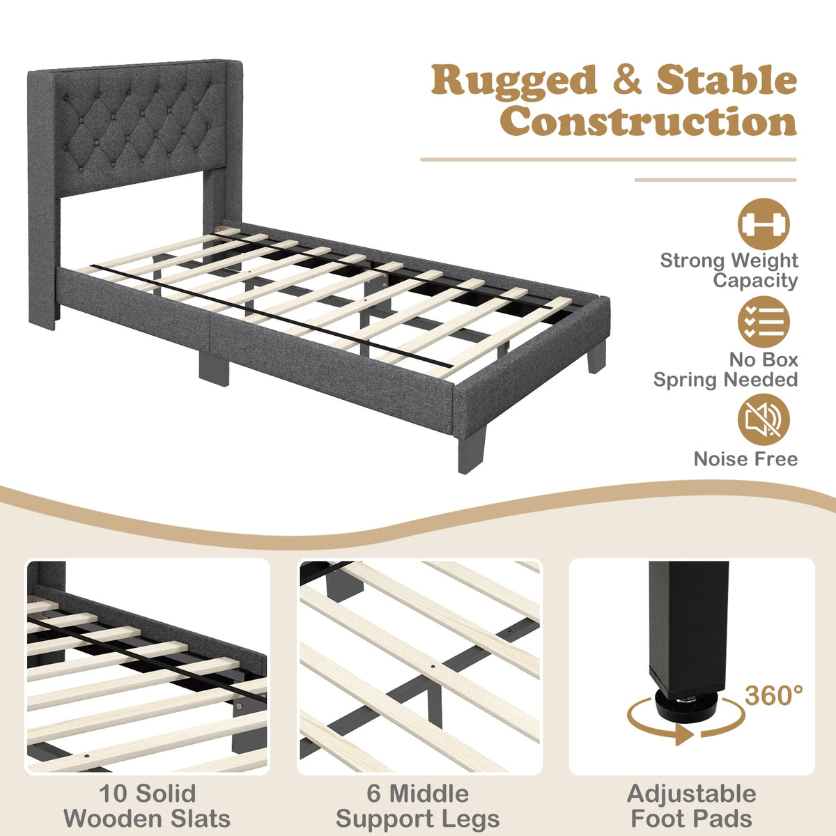 Twin/Full/Queen Size Upholstered Platform Bed with Button Tufted Headboard-Twin Size-Simple Bed Frame-DECOROLALA