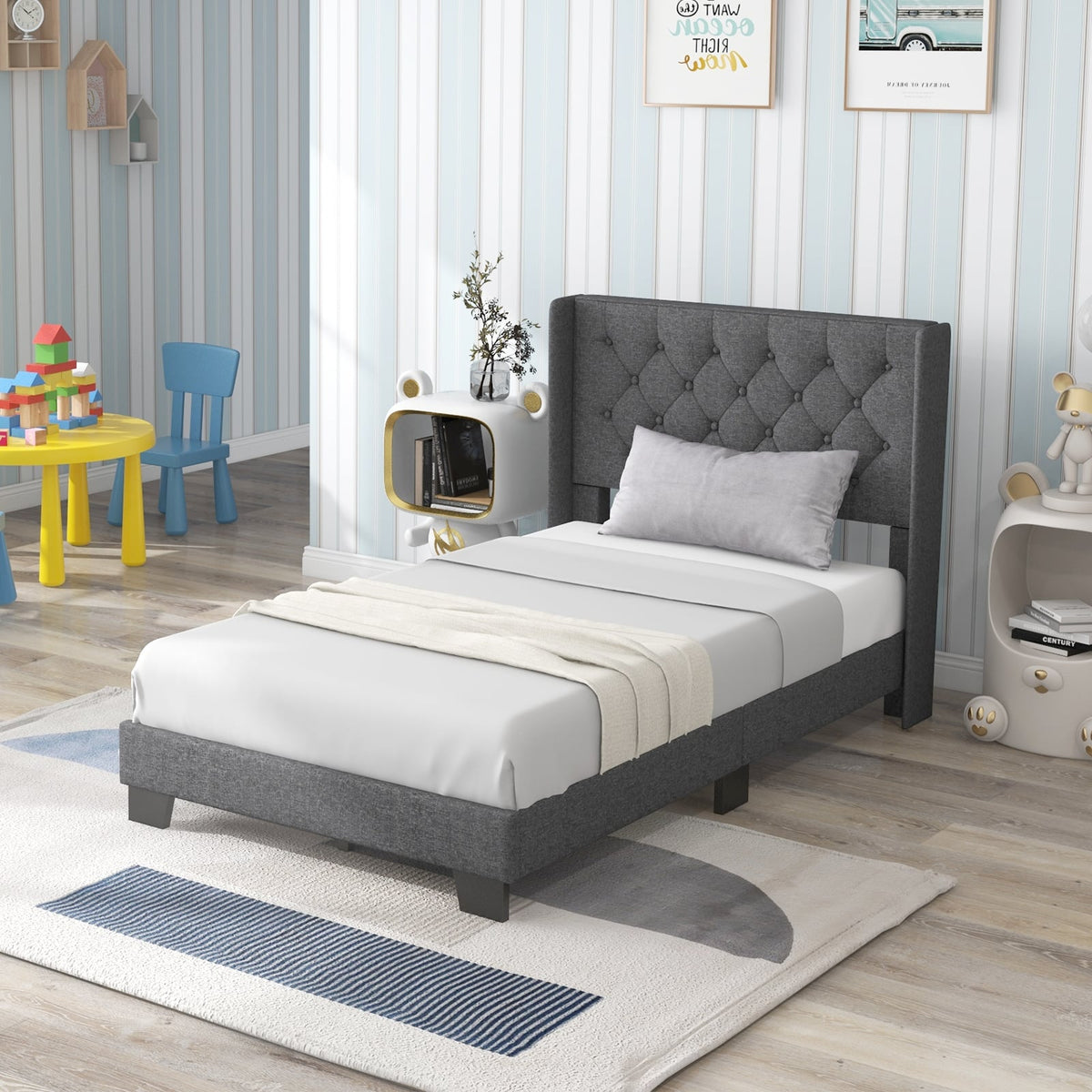 Twin/Full/Queen Size Upholstered Platform Bed with Button Tufted Headboard-Twin Size-Simple Bed Frame-DECOROLALA