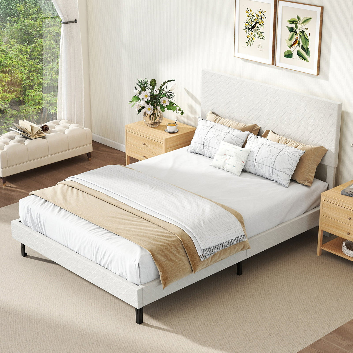 Twin/Full/Queen Size Velvet Bed Frame Upholstered Platform Bed with Chevron Headboard Beige-Simple Bed Frame-DECOROLALA