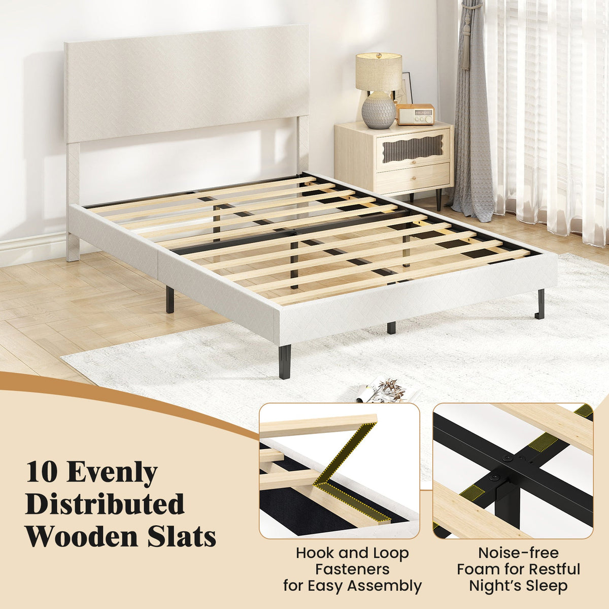 Twin/Full/Queen Size Velvet Bed Frame Upholstered Platform Bed with Chevron Headboard Beige-Simple Bed Frame-DECOROLALA