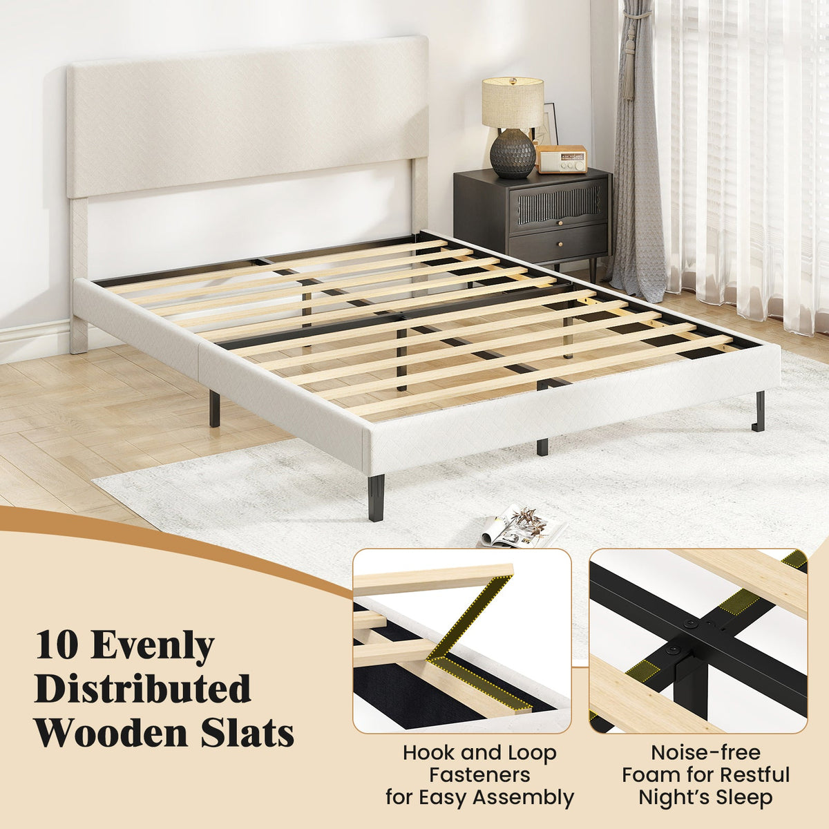 Twin/Full/Queen Size Velvet Bed Frame Upholstered Platform Bed with Chevron Headboard Beige-Simple Bed Frame-DECOROLALA