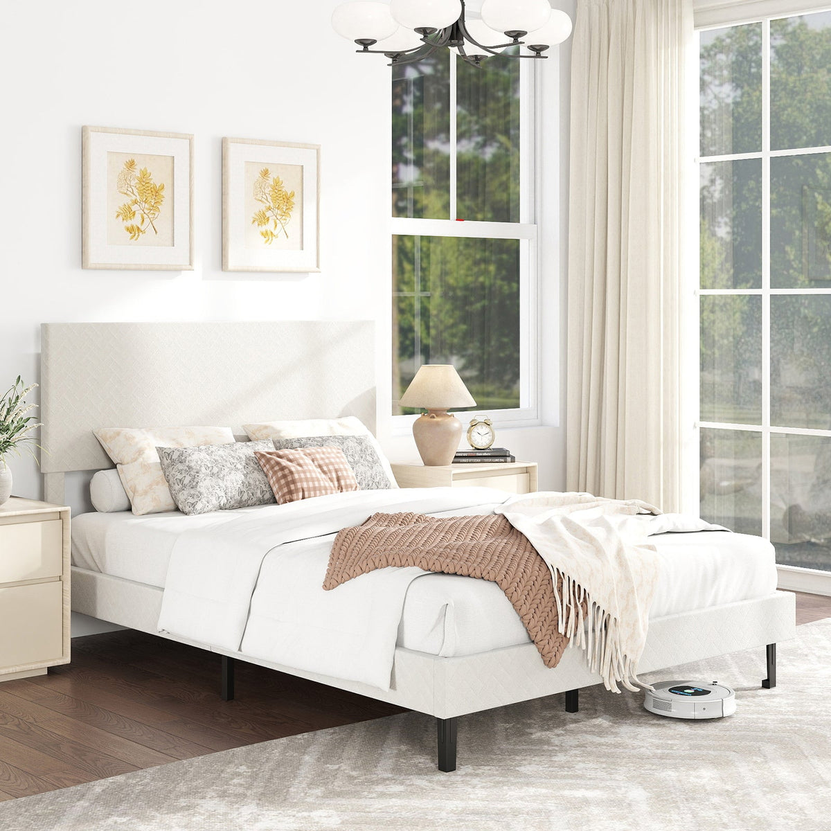 Twin/Full/Queen Size Velvet Bed Frame Upholstered Platform Bed with Chevron Headboard Beige-Simple Bed Frame-DECOROLALA
