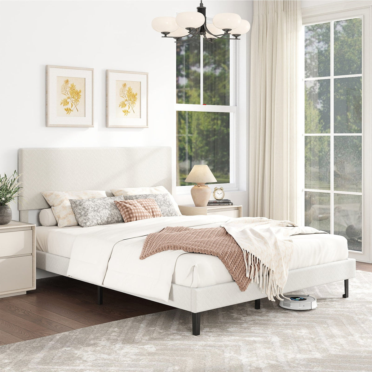 Twin/Full/Queen Size Velvet Bed Frame Upholstered Platform Bed with Chevron Headboard Beige-Simple Bed Frame-DECOROLALA