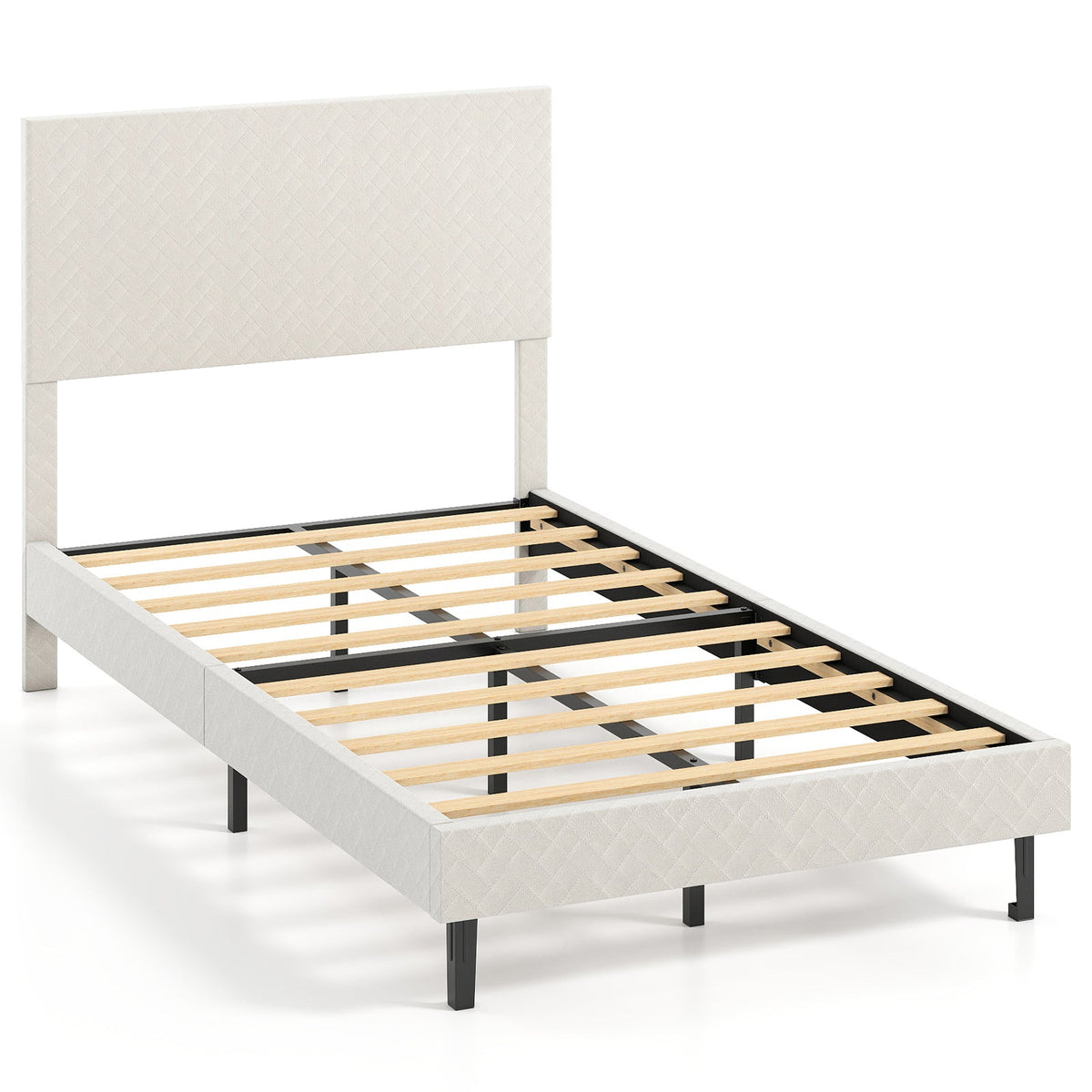 Twin/Full/Queen Size Velvet Bed Frame Upholstered Platform Bed with Chevron Headboard Beige-Simple Bed Frame-DECOROLALA