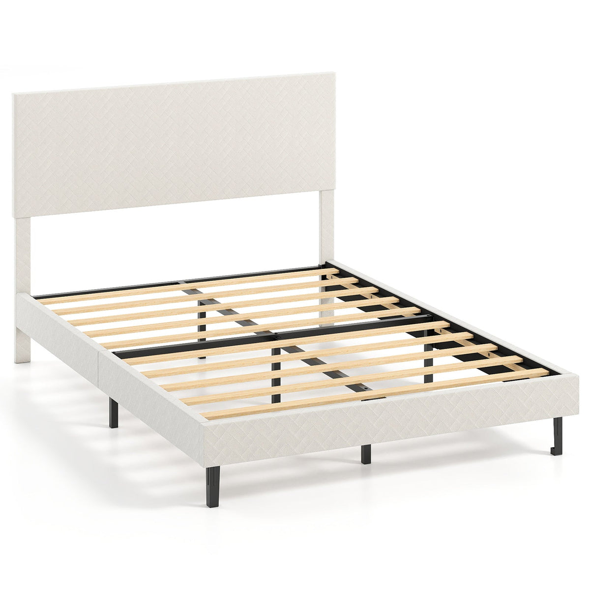 Twin/Full/Queen Size Velvet Bed Frame Upholstered Platform Bed with Chevron Headboard Beige-Simple Bed Frame-DECOROLALA