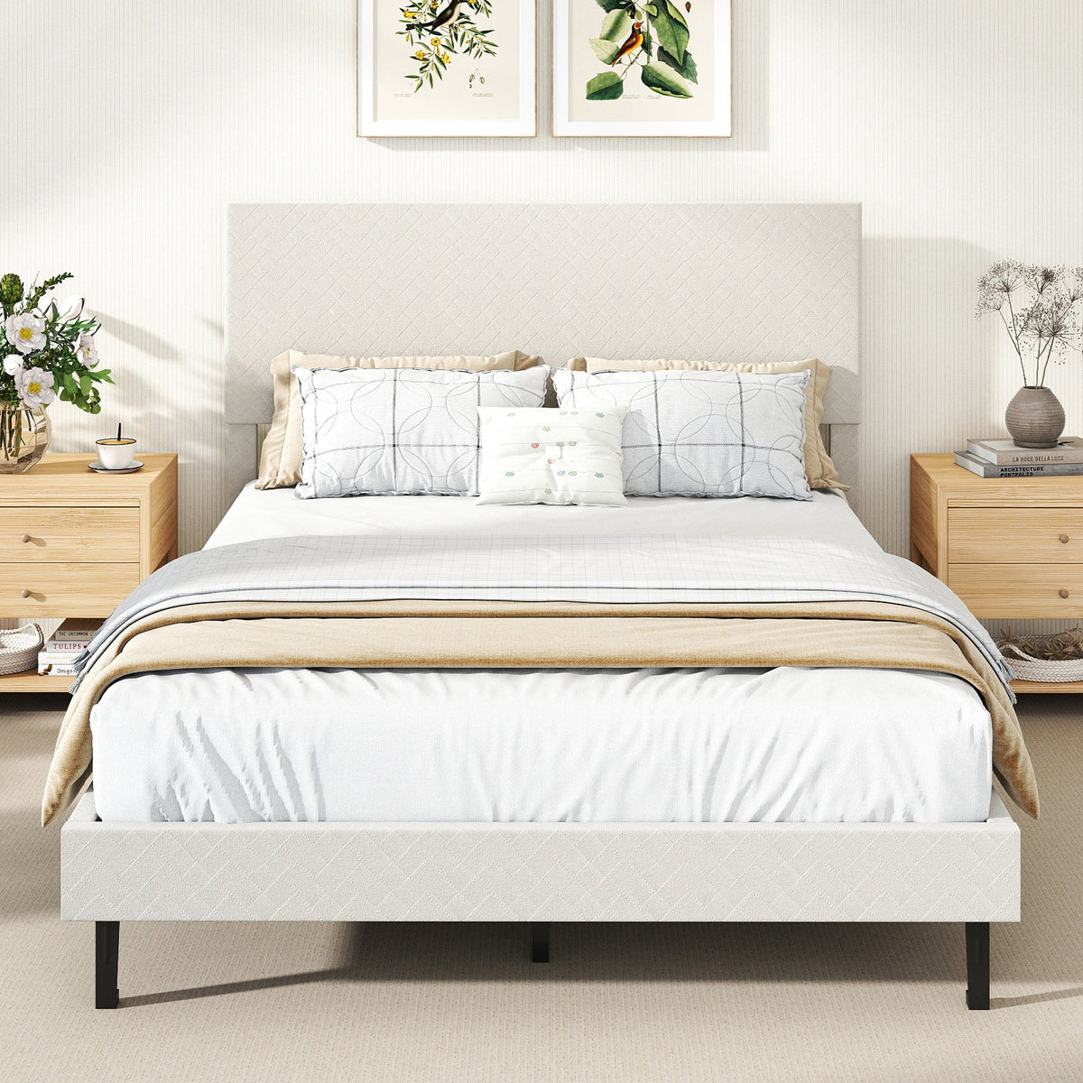 Twin/Full/Queen Size Velvet Bed Frame Upholstered Platform Bed with Chevron Headboard Beige-Simple Bed Frame-DECOROLALA