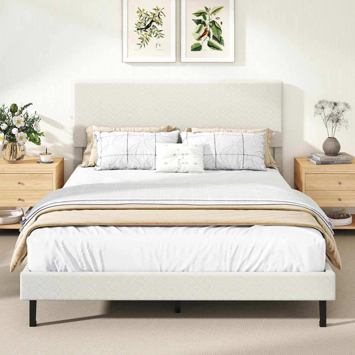 Twin/Full/Queen Size Velvet Bed Frame Upholstered Platform Bed with Chevron Headboard Beige-Simple Bed Frame-DECOROLALA