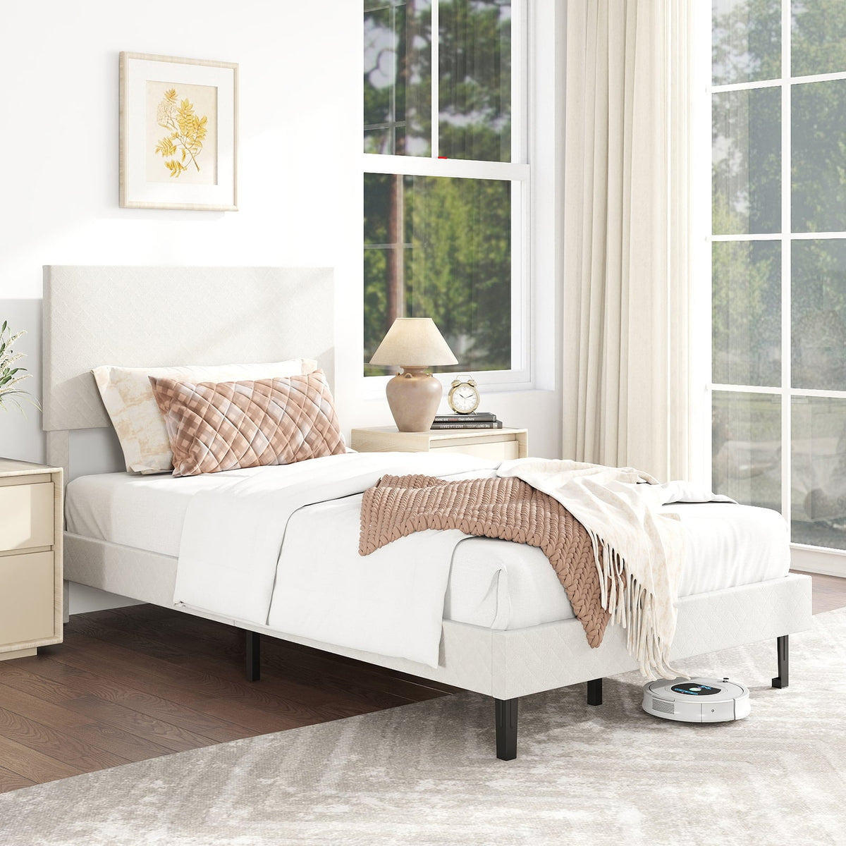 Twin/Full/Queen Size Velvet Bed Frame Upholstered Platform Bed with Chevron Headboard Beige-Twin-Simple Bed Frame-DECOROLALA