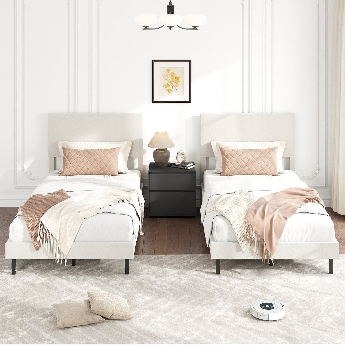 Twin/Full/Queen Size Velvet Bed Frame Upholstered Platform Bed with Chevron Headboard Beige-Twin-Simple Bed Frame-DECOROLALA