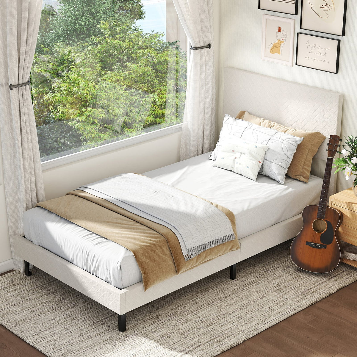 Twin/Full/Queen Size Velvet Bed Frame Upholstered Platform Bed with Chevron Headboard Beige-Twin-Simple Bed Frame-DECOROLALA