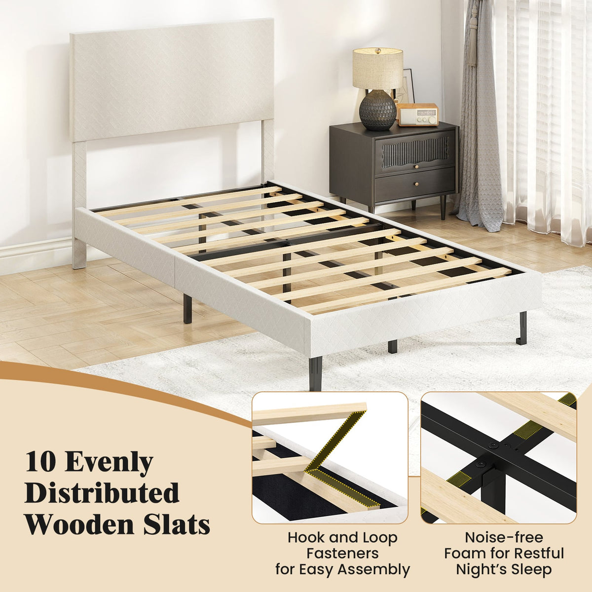 Twin/Full/Queen Size Velvet Bed Frame Upholstered Platform Bed with Chevron Headboard Beige-Twin-Simple Bed Frame-DECOROLALA