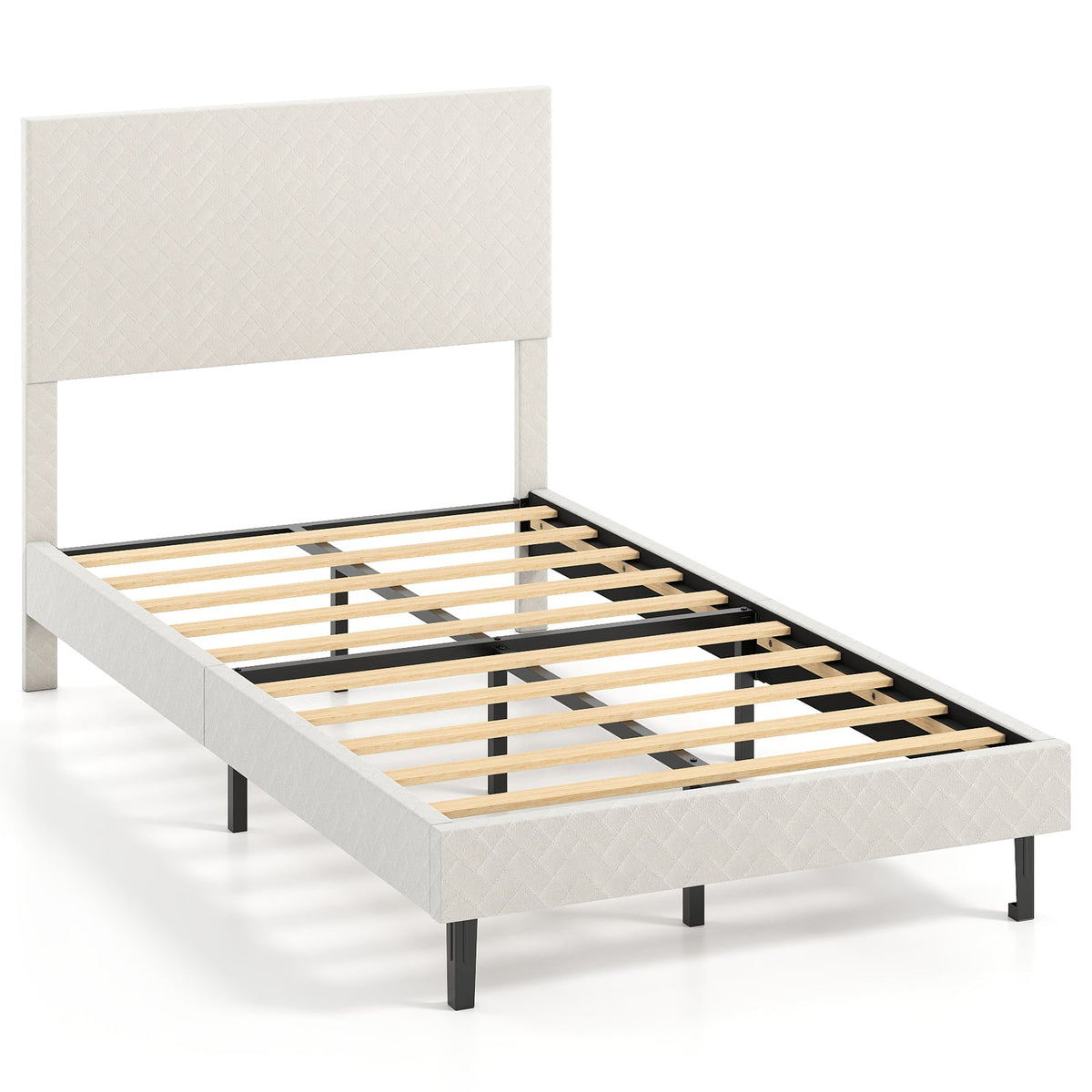 Twin/Full/Queen Size Velvet Bed Frame Upholstered Platform Bed with Chevron Headboard Beige-Twin-Simple Bed Frame-DECOROLALA
