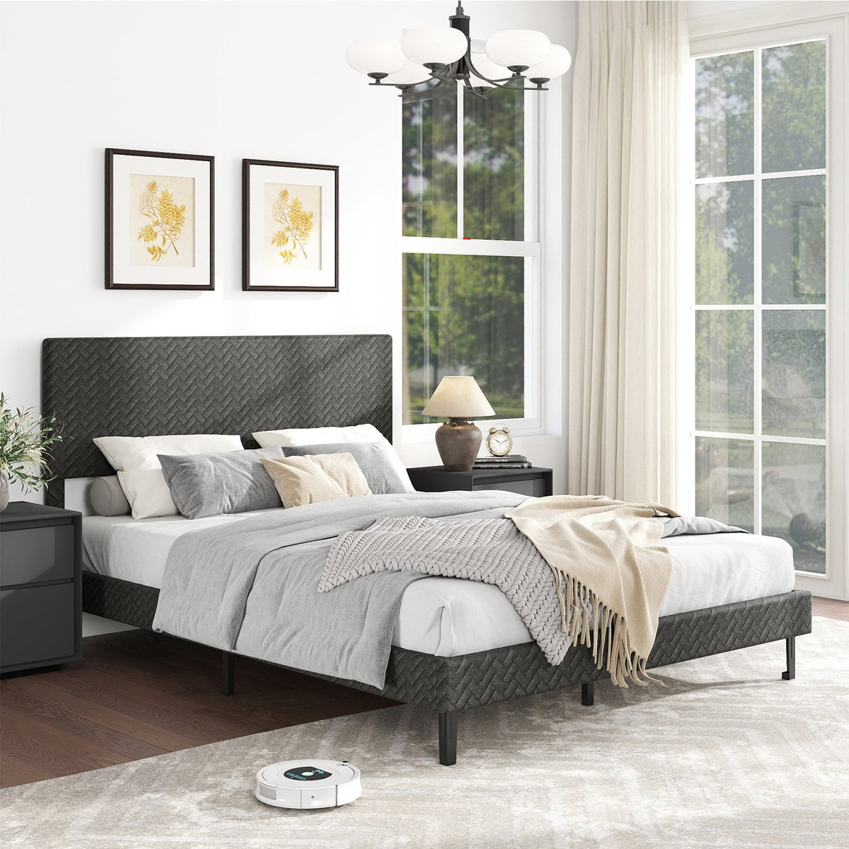 Twin/Full/Queen Size Velvet Bed Frame Upholstered Platform Bed with Chevron Headboard Gray-Queen-Simple Bed Frame-DECOROLALA