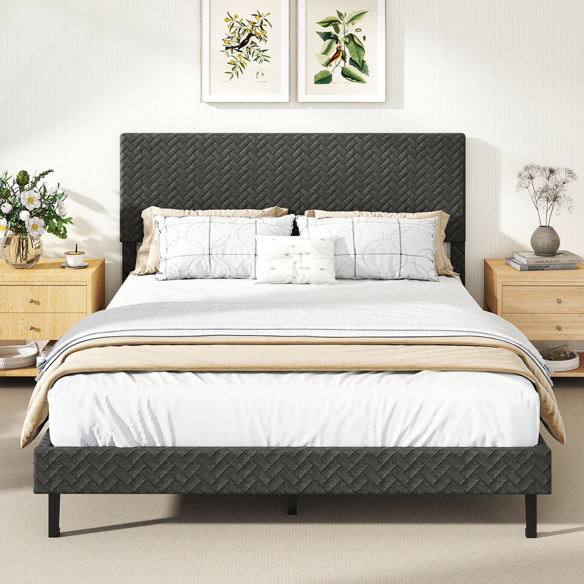 Twin/Full/Queen Size Velvet Bed Frame Upholstered Platform Bed with Chevron Headboard Gray-Queen-Simple Bed Frame-DECOROLALA