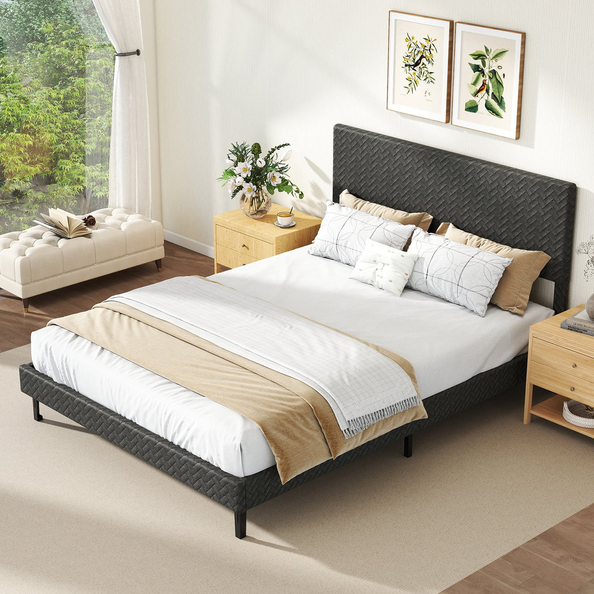 Twin/Full/Queen Size Velvet Bed Frame Upholstered Platform Bed with Chevron Headboard Gray-Queen-Simple Bed Frame-DECOROLALA