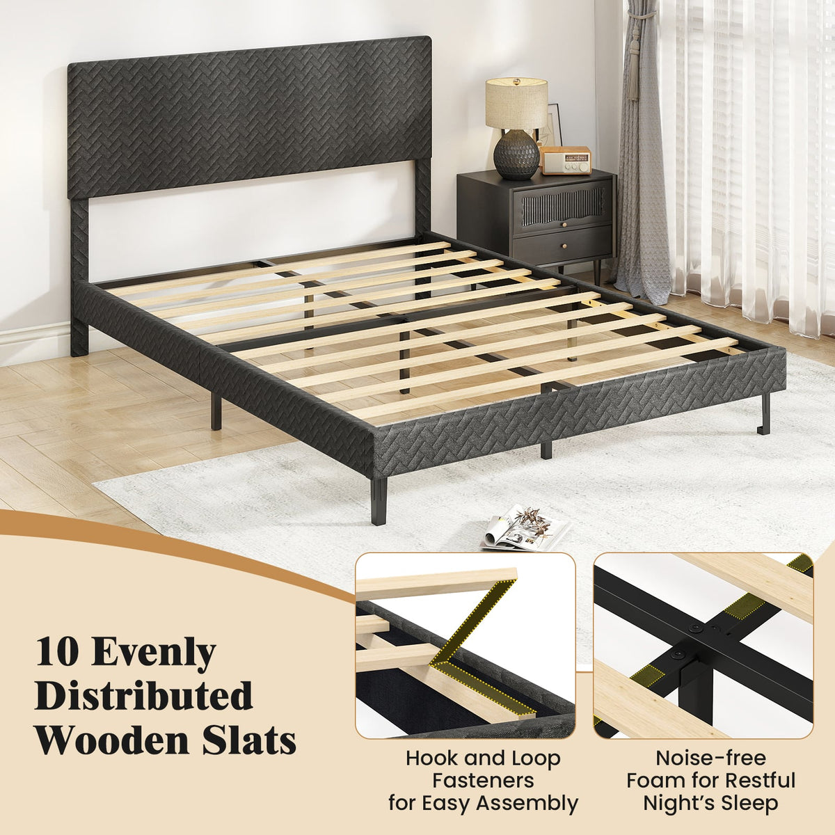 Twin/Full/Queen Size Velvet Bed Frame Upholstered Platform Bed with Chevron Headboard Gray-Queen-Simple Bed Frame-DECOROLALA