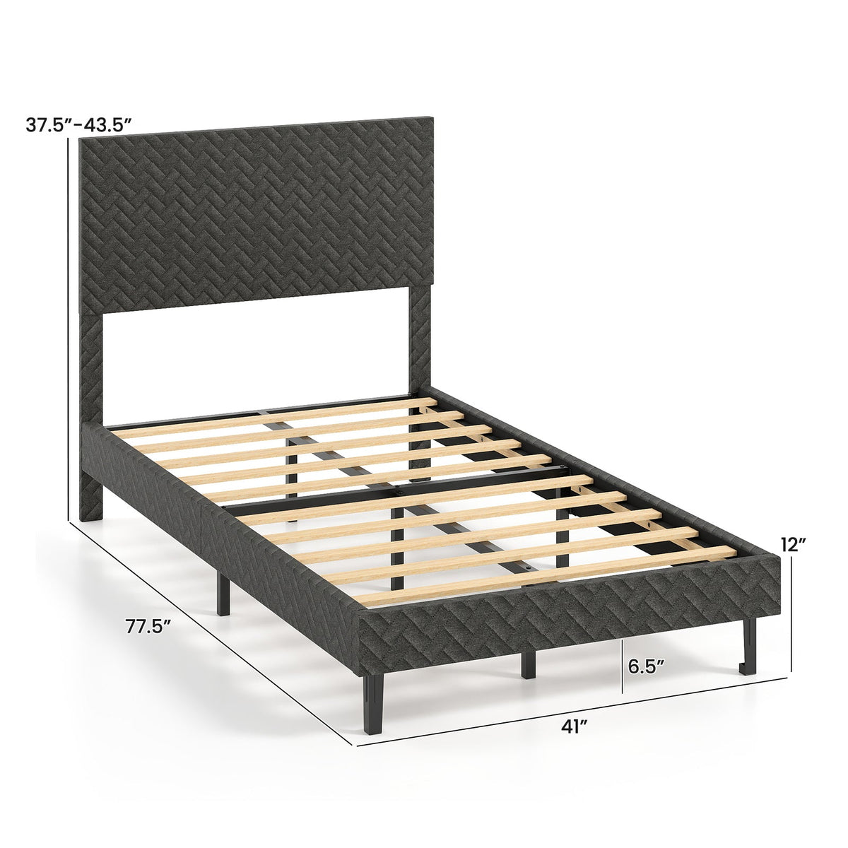 Twin/Full/Queen Size Velvet Bed Frame Upholstered Platform Bed with Chevron Headboard Gray-Simple Bed Frame-DECOROLALA