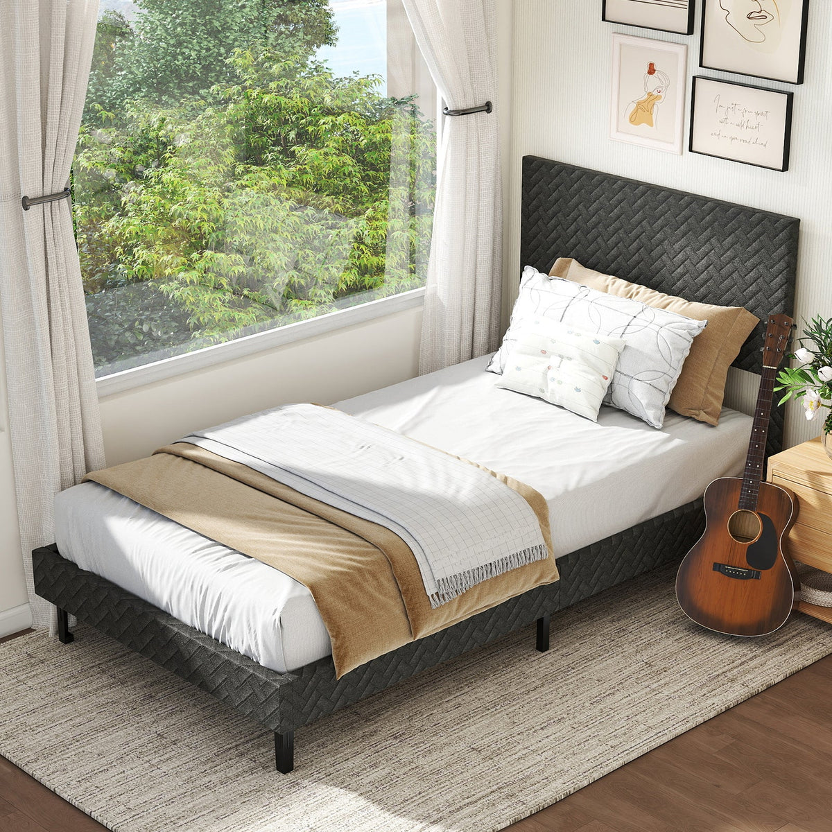 Twin/Full/Queen Size Velvet Bed Frame Upholstered Platform Bed with Chevron Headboard Gray-Simple Bed Frame-DECOROLALA