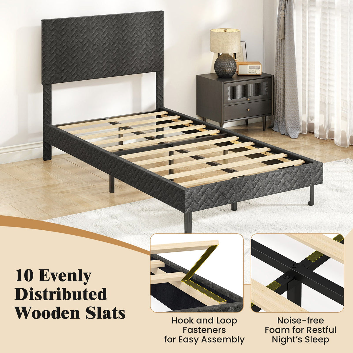 Twin/Full/Queen Size Velvet Bed Frame Upholstered Platform Bed with Chevron Headboard Gray-Simple Bed Frame-DECOROLALA