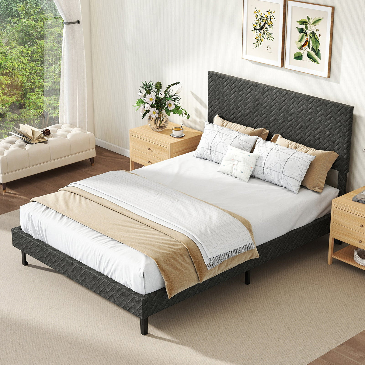 Twin/Full/Queen Size Velvet Bed Frame Upholstered Platform Bed with Chevron Headboard Gray-Simple Bed Frame-DECOROLALA