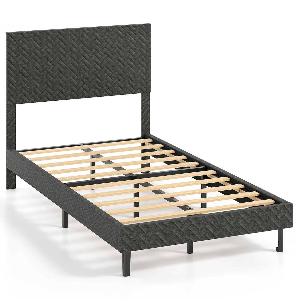 Twin/Full/Queen Size Velvet Bed Frame Upholstered Platform Bed with Chevron Headboard Gray-Simple Bed Frame-DECOROLALA