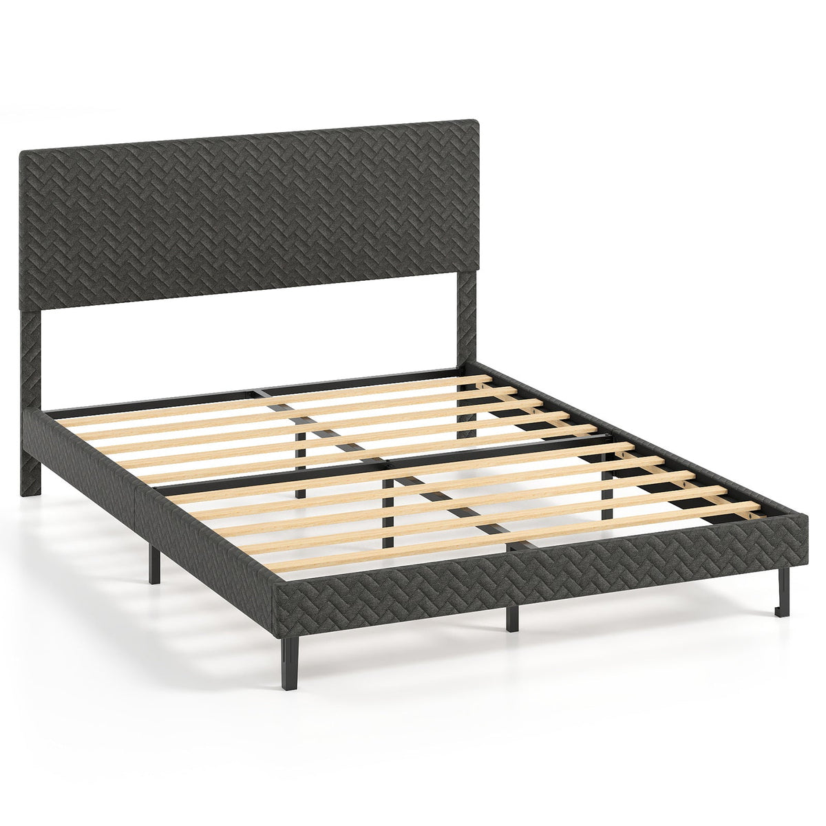 Twin/Full/Queen Size Velvet Bed Frame Upholstered Platform Bed with Chevron Headboard Gray-Simple Bed Frame-DECOROLALA