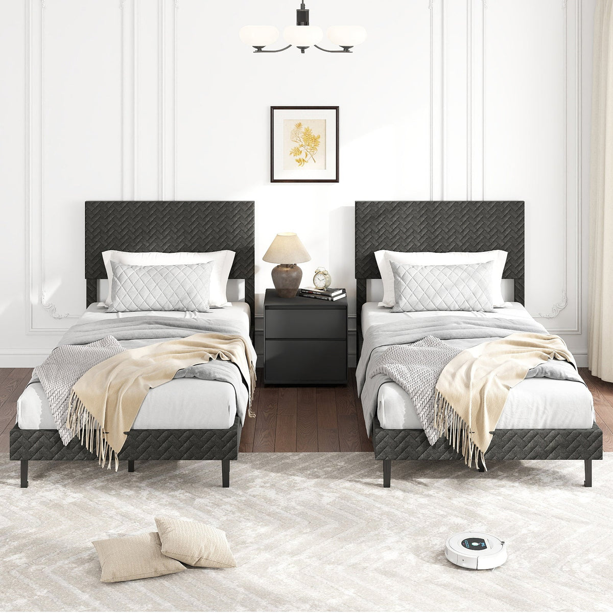 Twin/Full/Queen Size Velvet Bed Frame Upholstered Platform Bed with Chevron Headboard Gray-Simple Bed Frame-DECOROLALA
