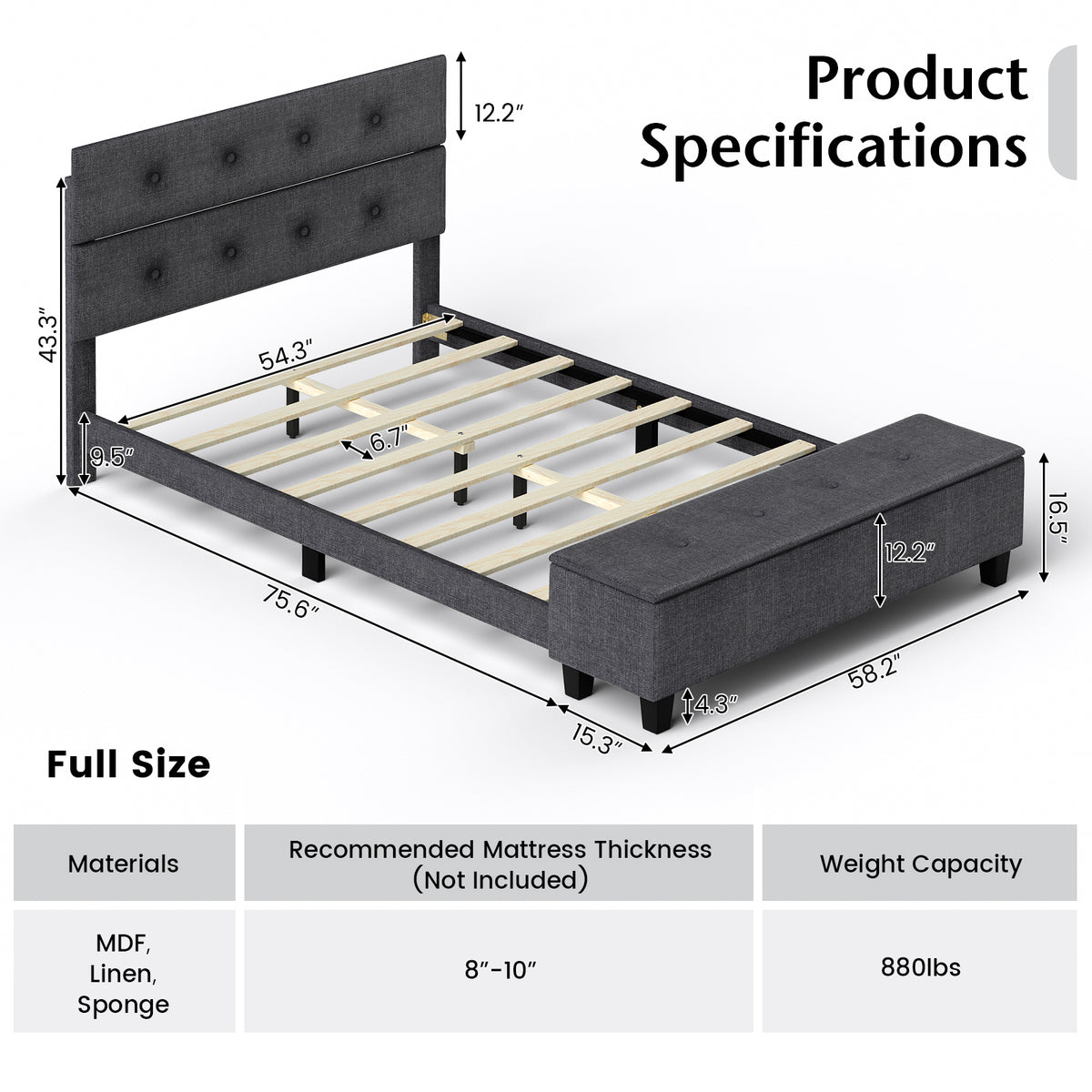 Twin/Full/Queen Upholstered Bed Frame with Ottoman Storage-Full Size-Simple Bed Frame-DECOROLALA
