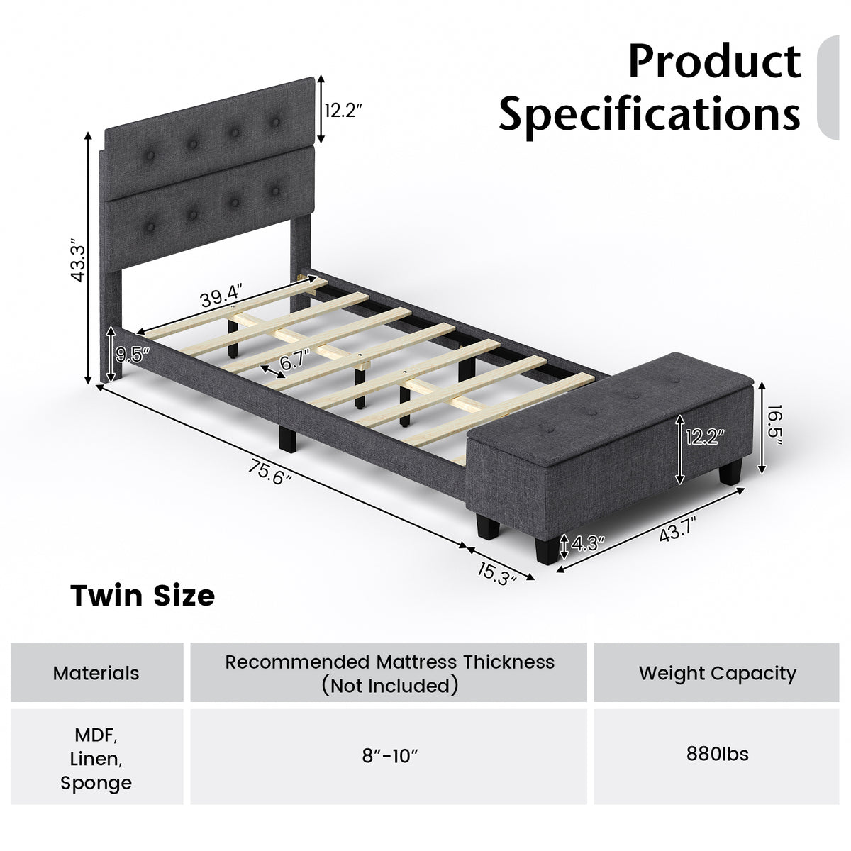 Twin/Full/Queen Upholstered Bed Frame with Ottoman Storage-Twin Size-Simple Bed Frame-DECOROLALA