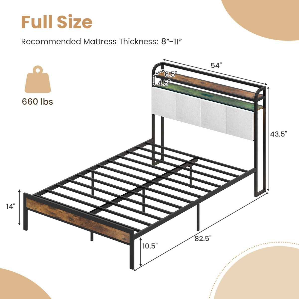 Twin/Full/Queen/King Size Bed Frame with LED Light and Charging Station-Full Size-Simple Bed Frame-DECOROLALA