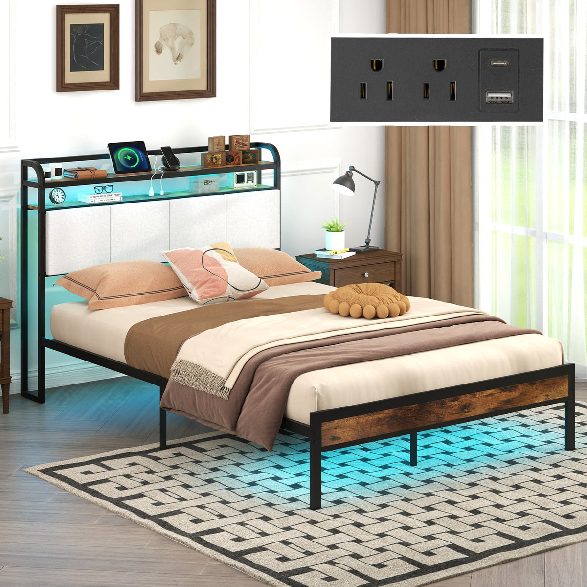Twin/Full/Queen/King Size Bed Frame with LED Light and Charging Station-Full Size-Simple Bed Frame-DECOROLALA