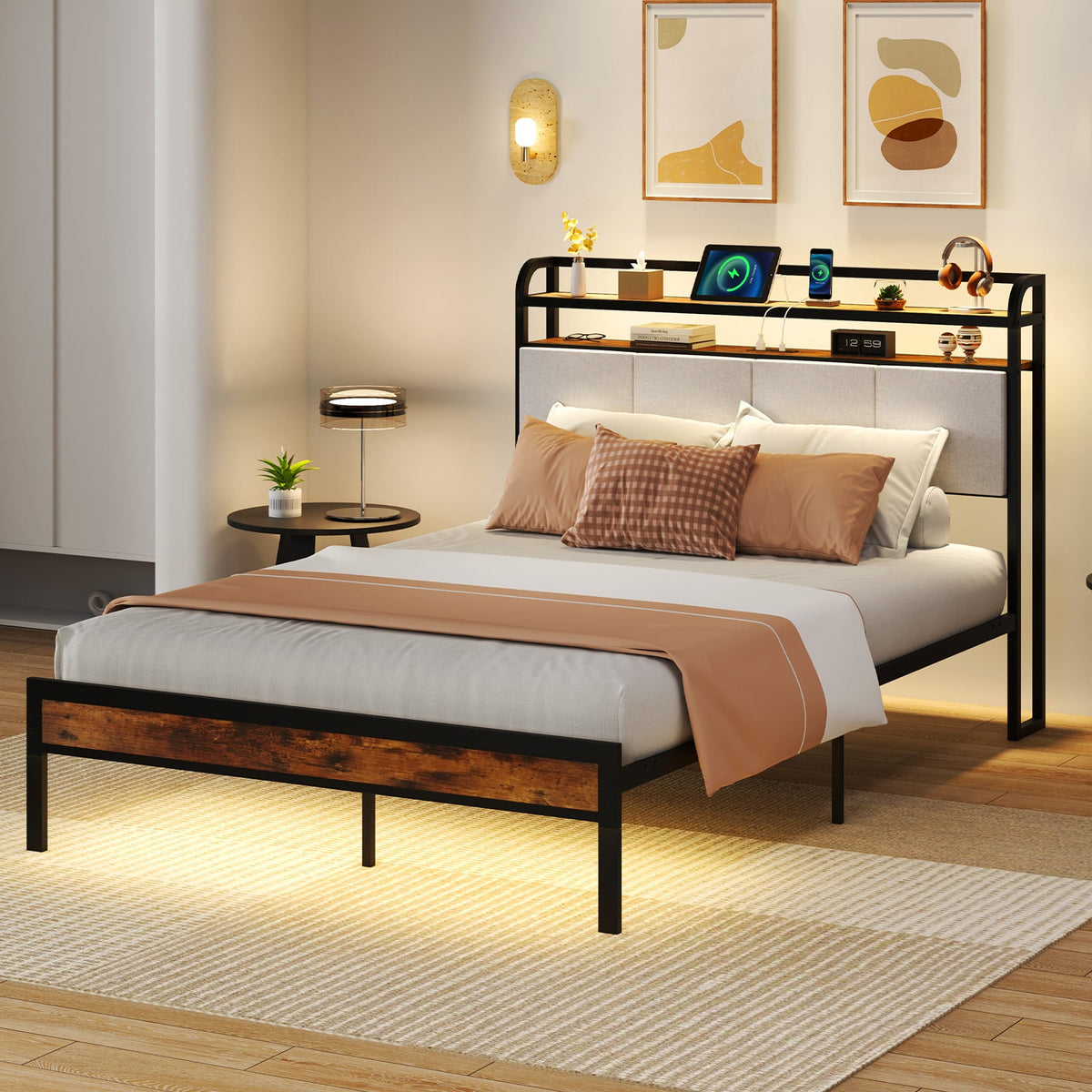 Twin/Full/Queen/King Size Bed Frame with LED Light and Charging Station-Full Size-Simple Bed Frame-DECOROLALA