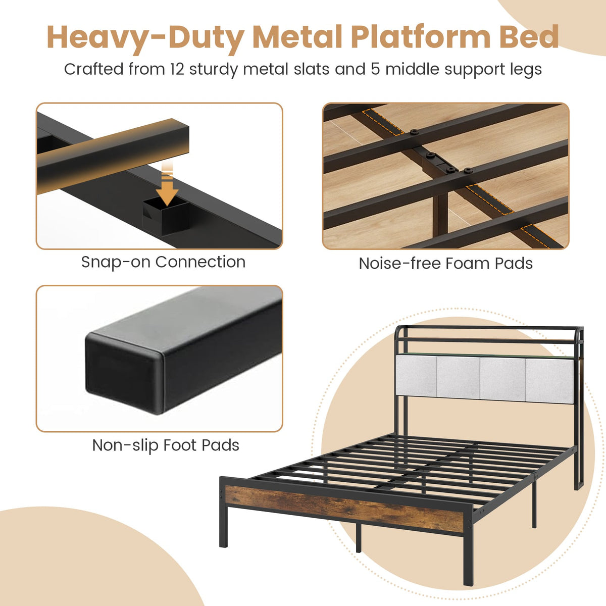 Twin/Full/Queen/King Size Bed Frame with LED Light and Charging Station-Full Size-Simple Bed Frame-DECOROLALA