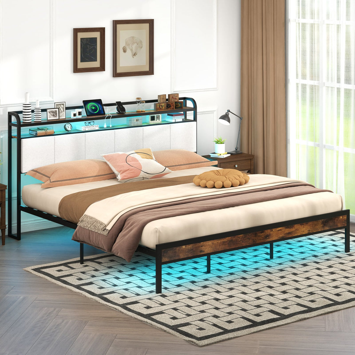 Twin/Full/Queen/King Size Bed Frame with LED Light and Charging Station-King Size-Simple Bed Frame-DECOROLALA