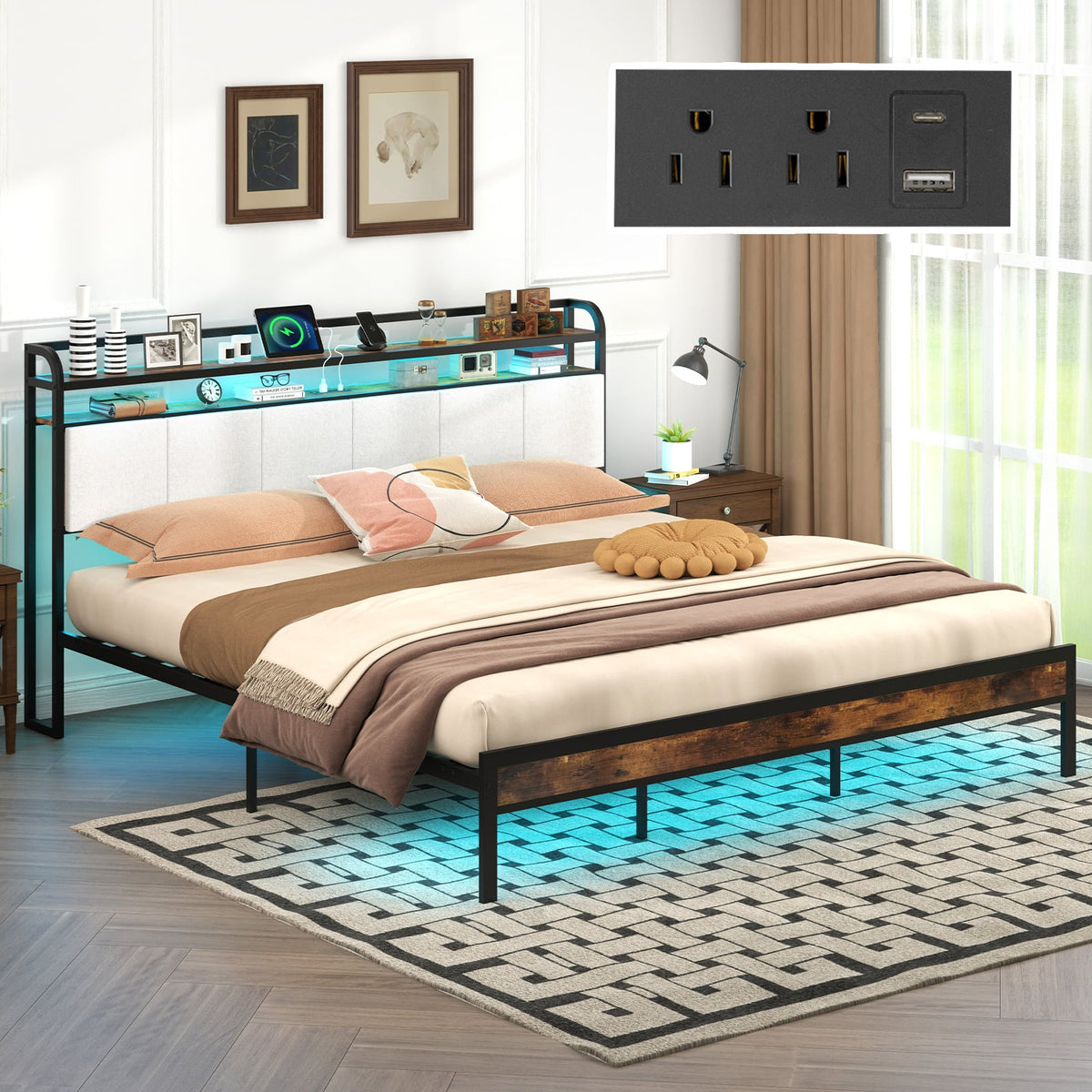 Twin/Full/Queen/King Size Bed Frame with LED Light and Charging Station-King Size-Simple Bed Frame-DECOROLALA