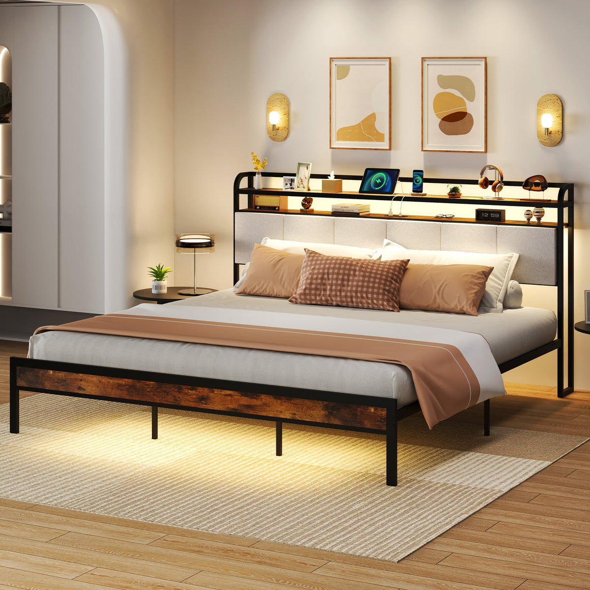Twin/Full/Queen/King Size Bed Frame with LED Light and Charging Station-King Size-Simple Bed Frame-DECOROLALA