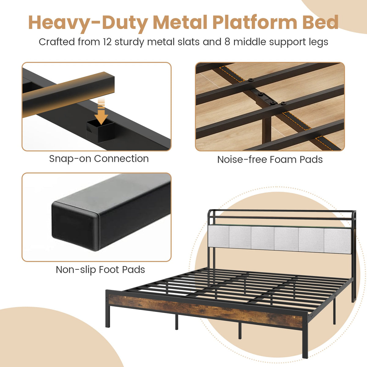 Twin/Full/Queen/King Size Bed Frame with LED Light and Charging Station-King Size-Simple Bed Frame-DECOROLALA