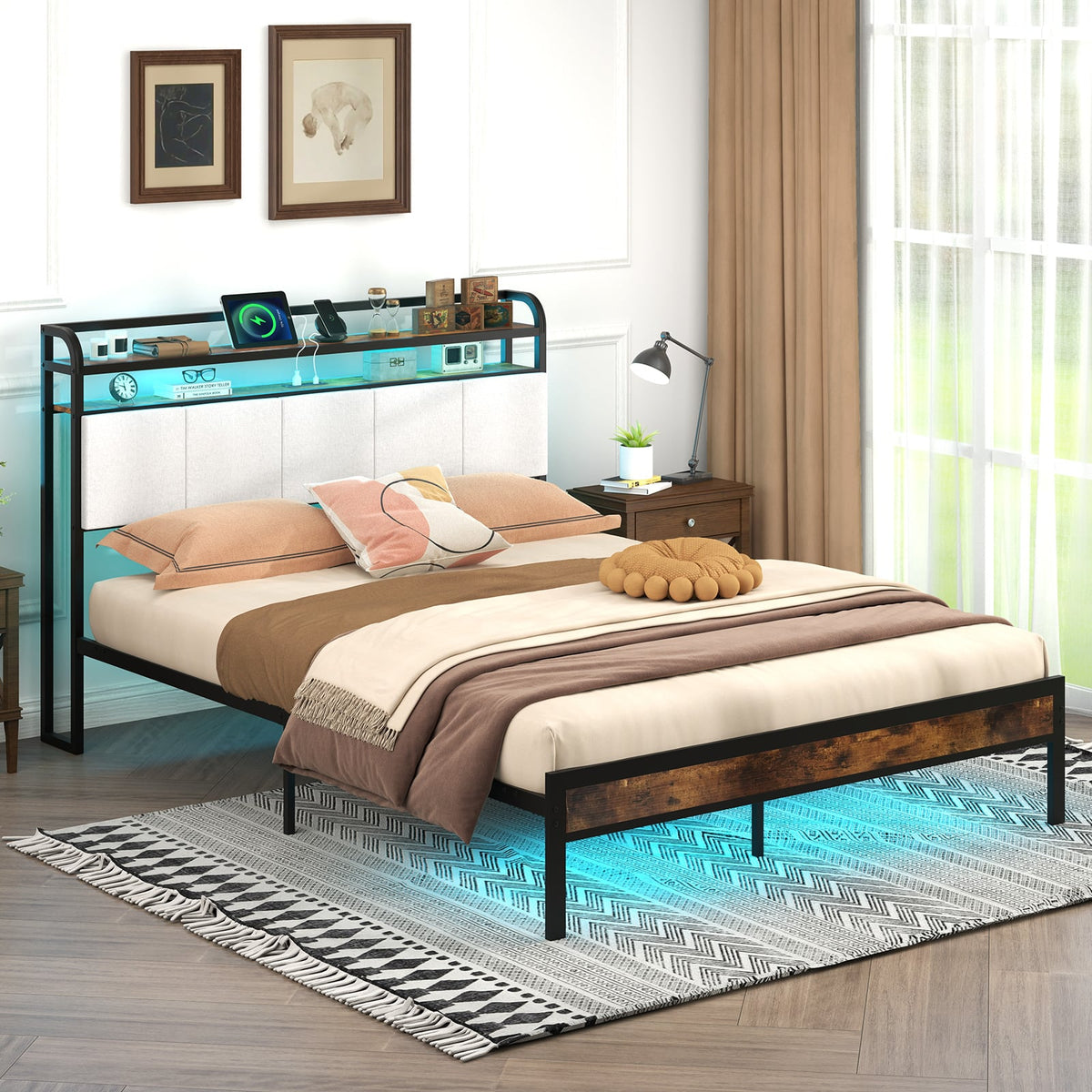 Twin/Full/Queen/King Size Bed Frame with LED Light and Charging Station-Queen Size-Simple Bed Frame-DECOROLALA