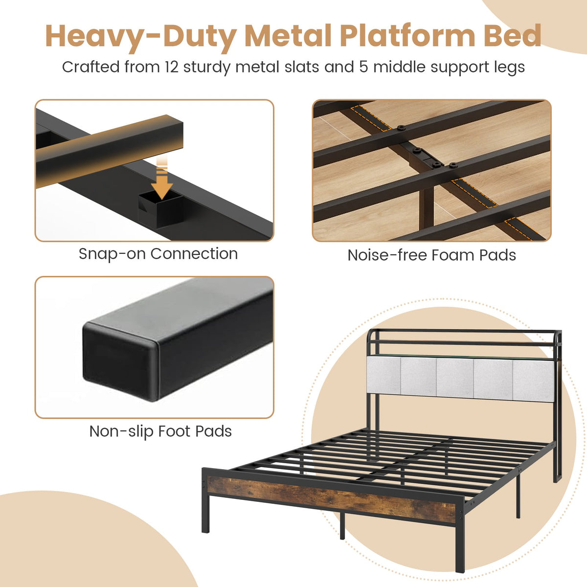 Twin/Full/Queen/King Size Bed Frame with LED Light and Charging Station-Queen Size-Simple Bed Frame-DECOROLALA