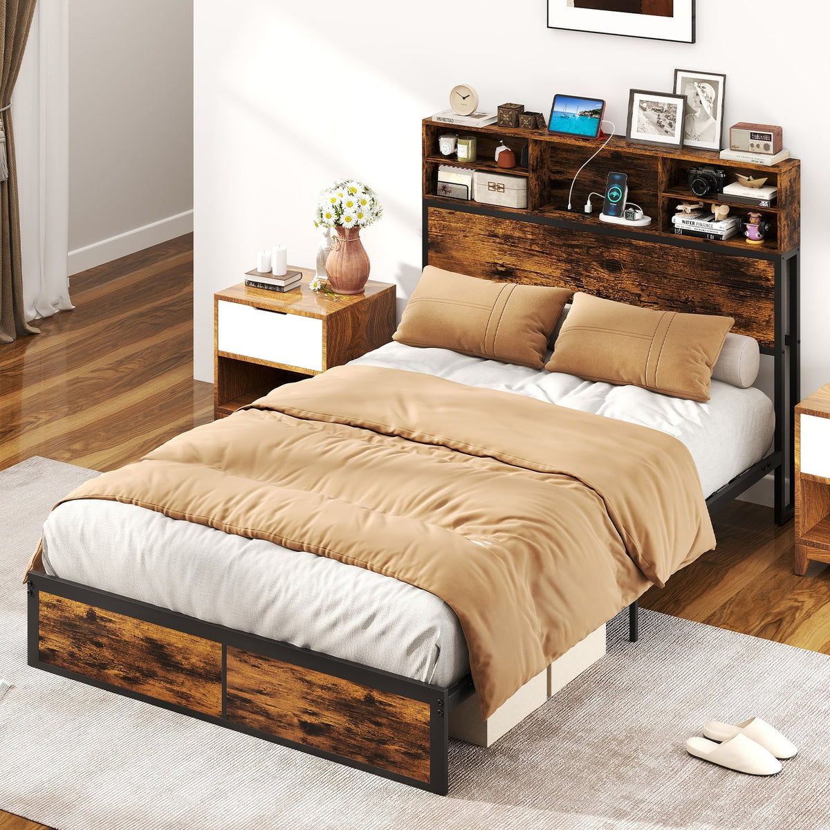 Twin/Full/Queen/King Size Bed Frame with Storage Headboard Industrial Metal Platform Bed-Full Size-Simple Bed Frame-DECOROLALA
