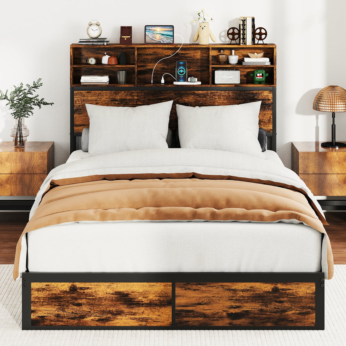 Twin/Full/Queen/King Size Bed Frame with Storage Headboard Industrial Metal Platform Bed-Full Size-Simple Bed Frame-DECOROLALA