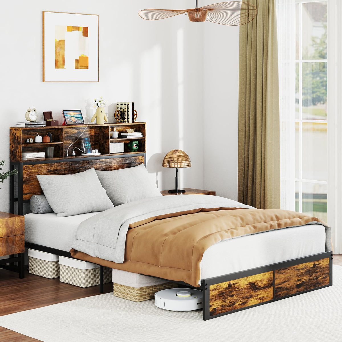 Twin/Full/Queen/King Size Bed Frame with Storage Headboard Industrial Metal Platform Bed-Full Size-Simple Bed Frame-DECOROLALA