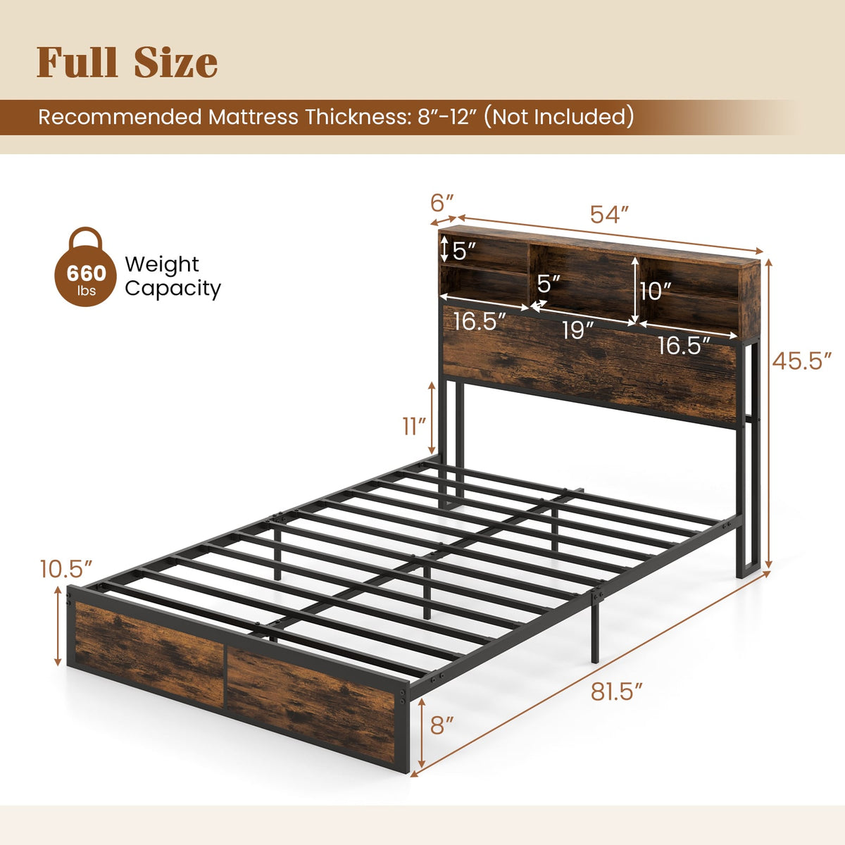 Twin/Full/Queen/King Size Bed Frame with Storage Headboard Industrial Metal Platform Bed-Full Size-Simple Bed Frame-DECOROLALA