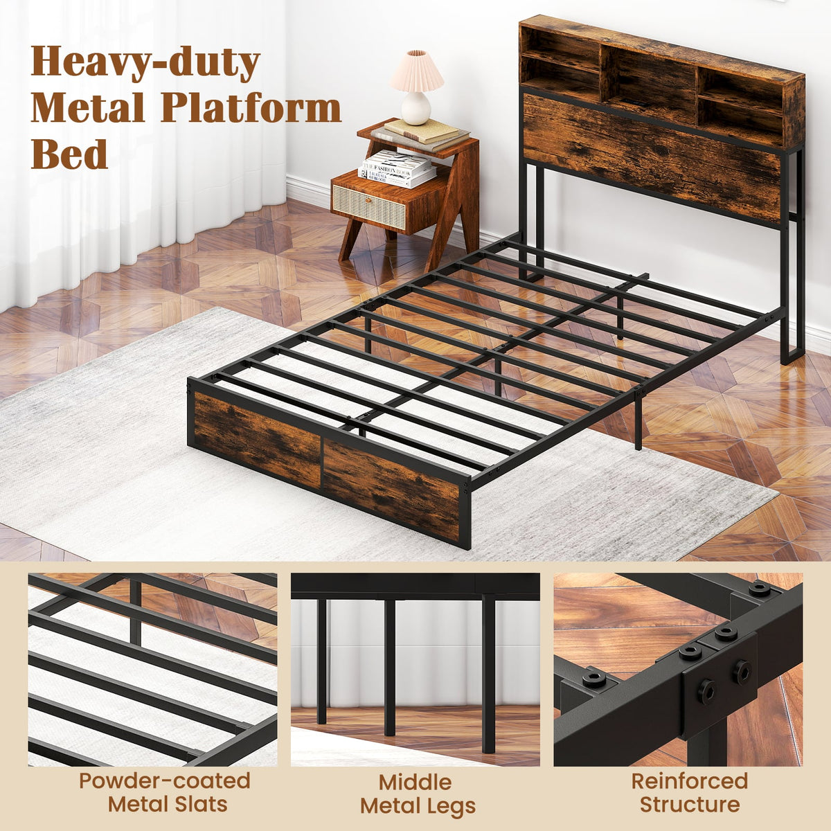 Twin/Full/Queen/King Size Bed Frame with Storage Headboard Industrial Metal Platform Bed-Full Size-Simple Bed Frame-DECOROLALA